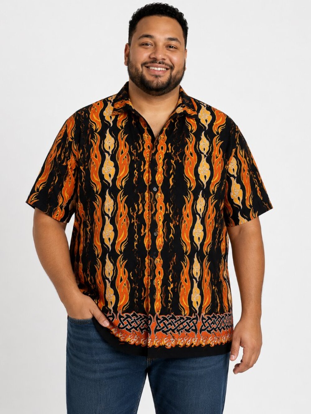 Pineapple Connection Hawaiian Camp Shirt Men's XL Orange Flame Print Button Up